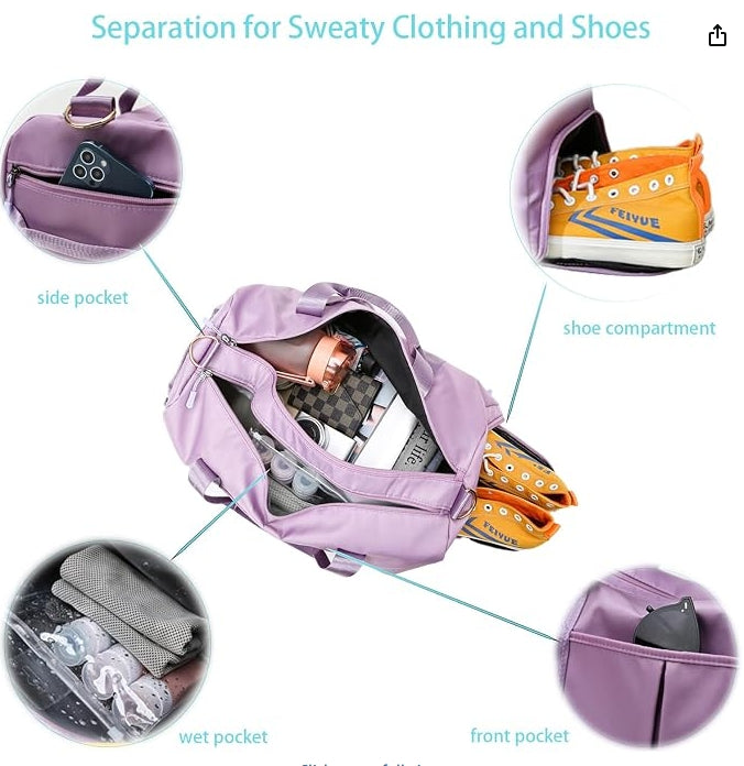 PATRECO Women Gym Bag with Separation for Wet and Dry, Shoe Storage, Waterproof Travel Duffle Bag for Gym, Swimming, Yoga, Sports (Purple)
