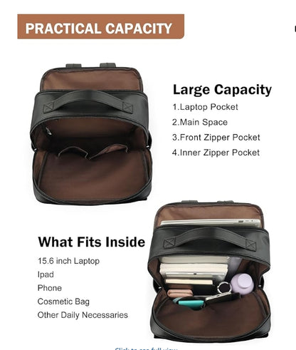 MASINTOR 15.6 inch PU Leather Laptop Backpack Purse