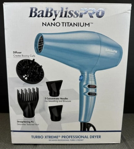 Hair Dryer, Babyliss Pro Nano Titanium Pro, Turbo Xtreme, 4 Attachments