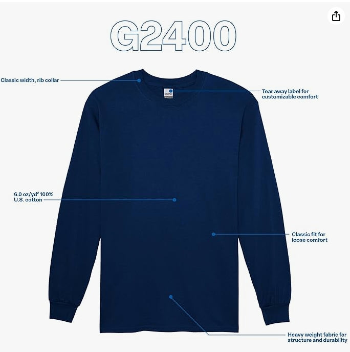 Gildan Adult LARGE Ultra Cotton Long Sleeve T-Shirt Style NAVY