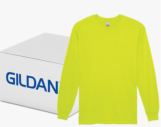 Gildan Adult LARGE Ultra Cotton Long Sleeve T-Shirt Style SAFETY GREEN