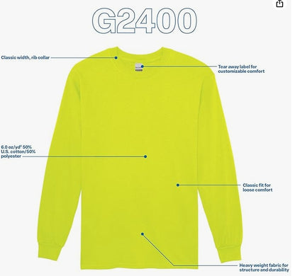Gildan Adult LARGE Ultra Cotton Long Sleeve T-Shirt Style SAFETY GREEN